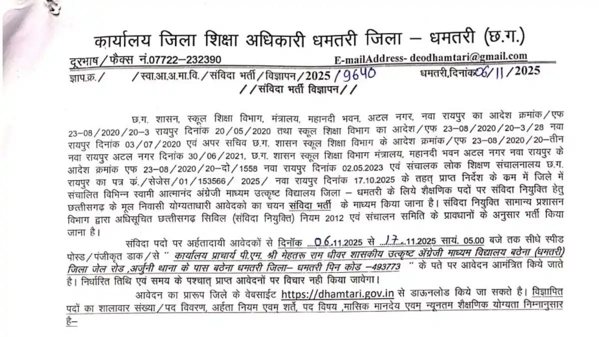 Swami atmanand school dhamtari recruitment 2025