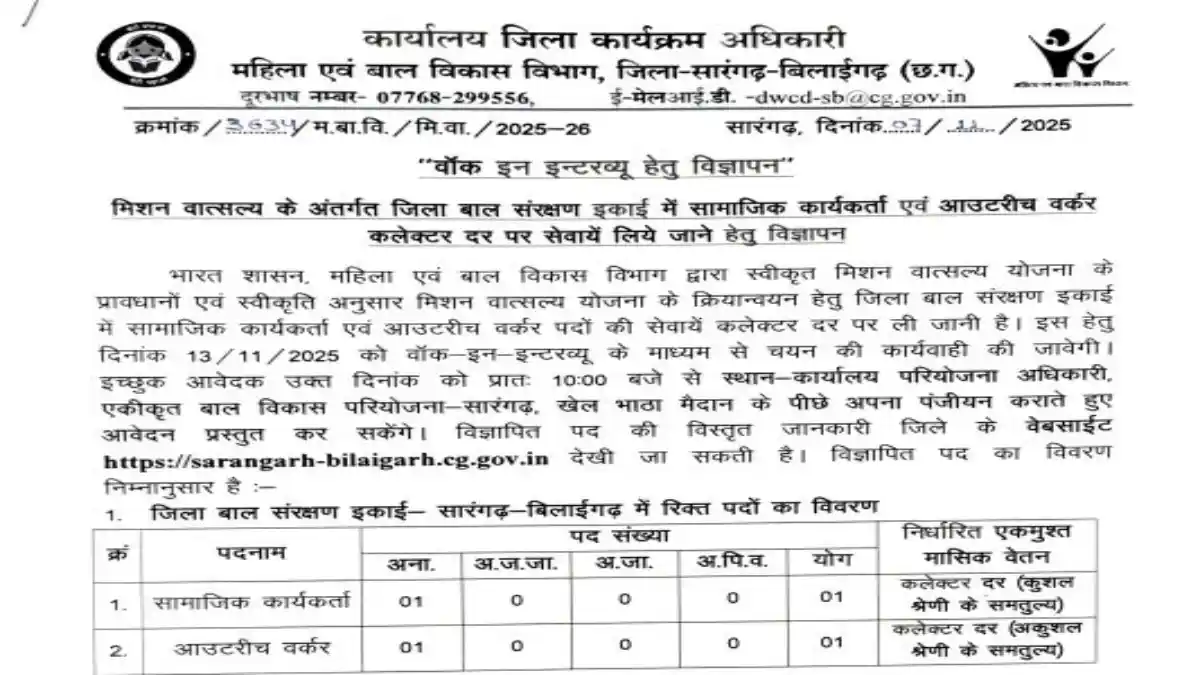 WCD Sarangarh-Bilaigarh Walk-In Interview 2025